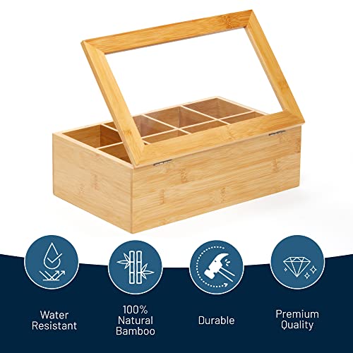 RoyalHouse Big Bamboo Tea Storage Organizer with Clear Window, 8 Compartments Eco-Friendly Holder