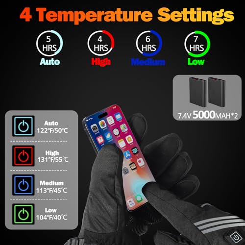 Rechargeable Heated Gloves, 4 Temp Modes, 7.4V 5000mAh, Waterproof, Ideal for Camping, Skiing, Hiking, Hunting, Cycling