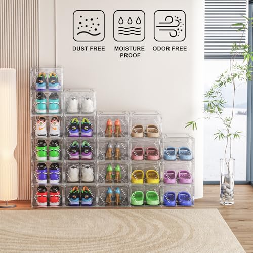 PRAKI Large Magnetic Shoe Storage Boxes, 6 Pack Clear, Stackable, Space Saving, 13.6 x 10.6 x 7.5 Inches