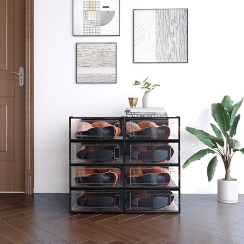 PARANTA Clear Stackable Shoe Box, 12-Piece Boot Organizer, Black