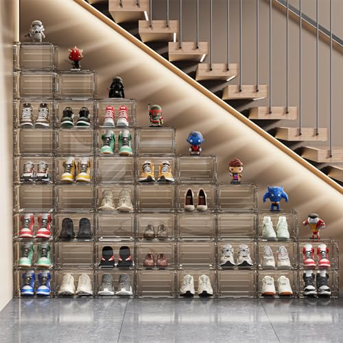 Thick Sturdy 9-Pack Drop Front Shoe Organizer with Magnetic Door, Clear Rack for Sneaker Storage