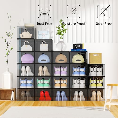 Black 6 Pack Extra Large Clear Plastic Shoe Organizers, Stackable Bin for Closet Bed Under Entryway