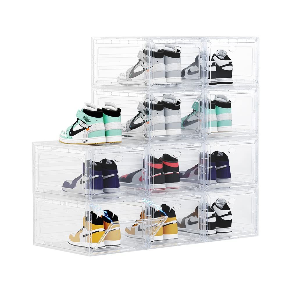 Clear 10 Pack Large Stackable Shoe Boxes for Closet Entryway Size 12 Storage