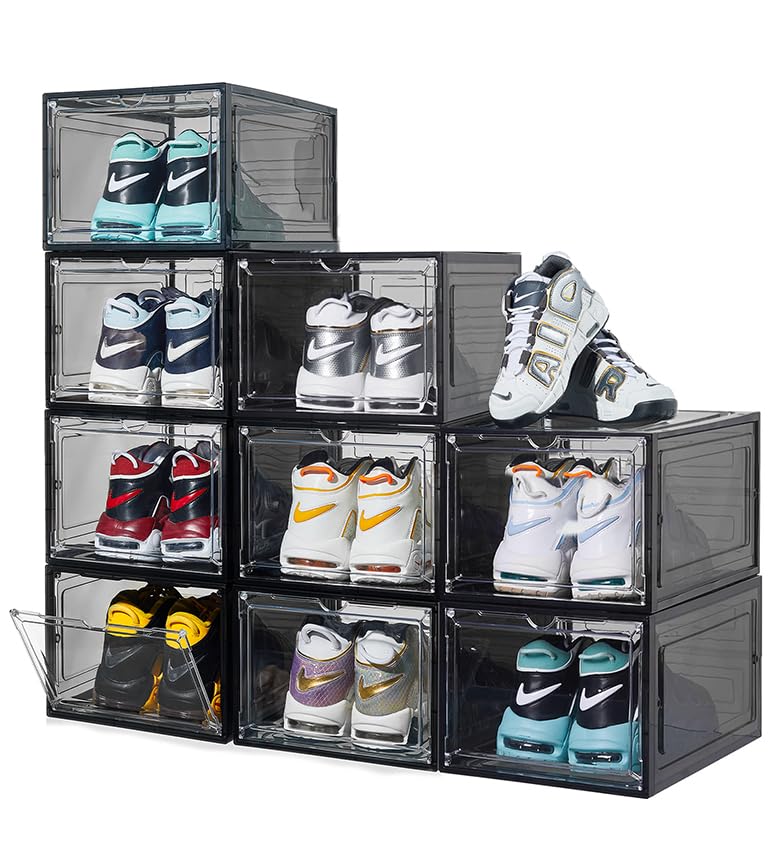 Black 9 Pack X-Large Thicken Sturdy Shoe Storage Box with Clear DoorFit US Size 12