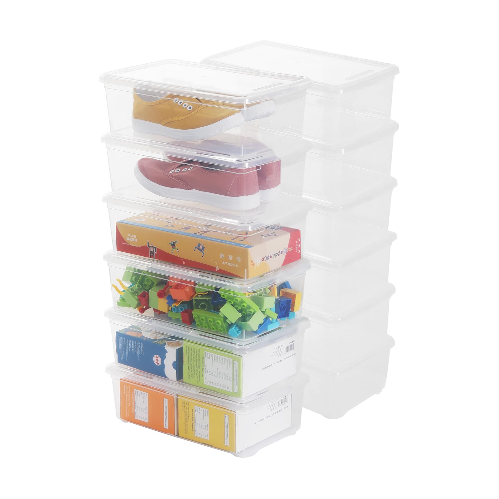 Clear Plastic Stackable Shoe Storage Box with Lid, Durable Closet Containers (12 Pack-6Qt)