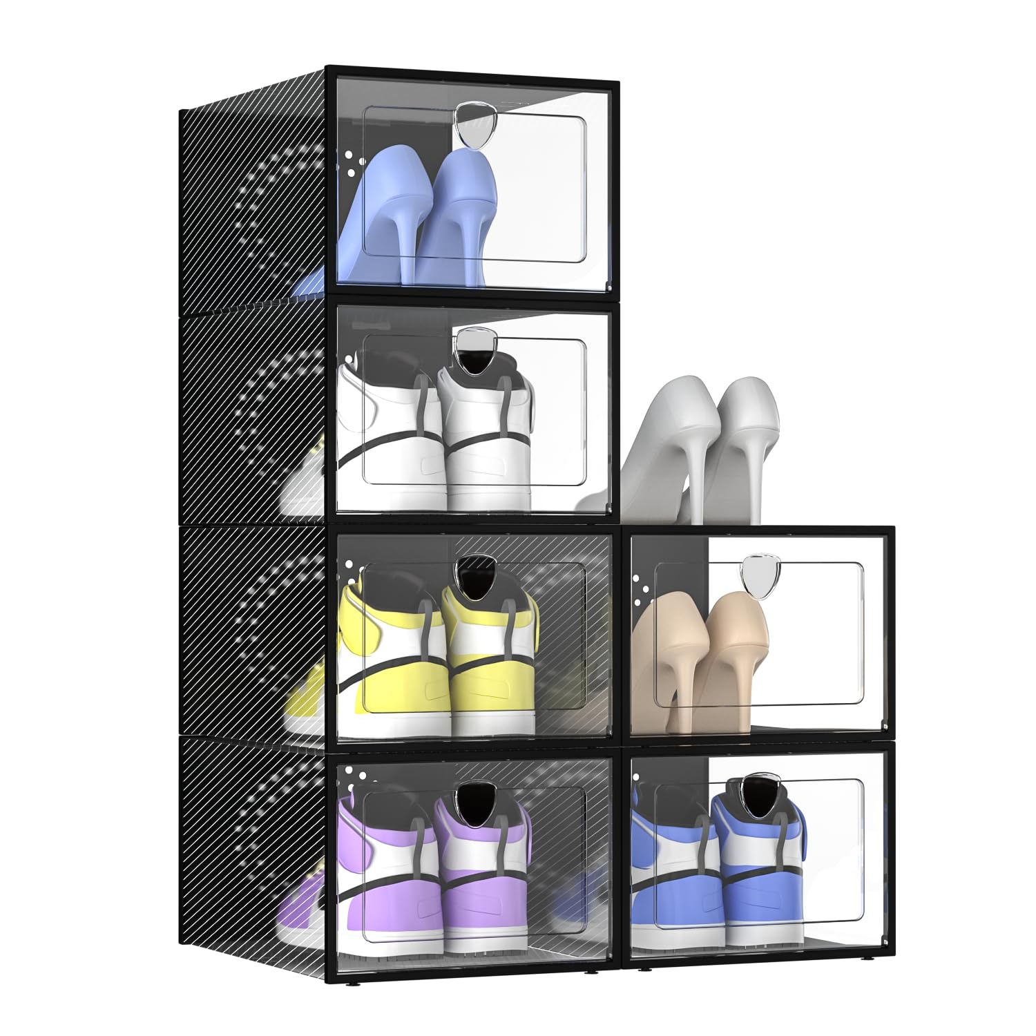 Black 6 Pack Extra Large Clear Plastic Shoe Organizers, Stackable Bin for Closet Bed Under Entryway