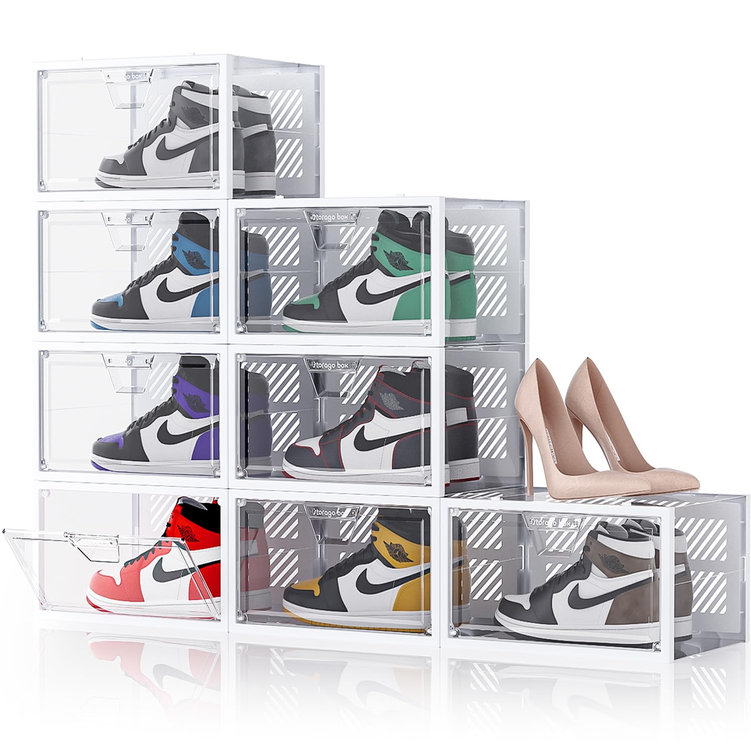 XX-Large Display Shoe Storage Box, 8-Pack Clear Plastic Organizer, White