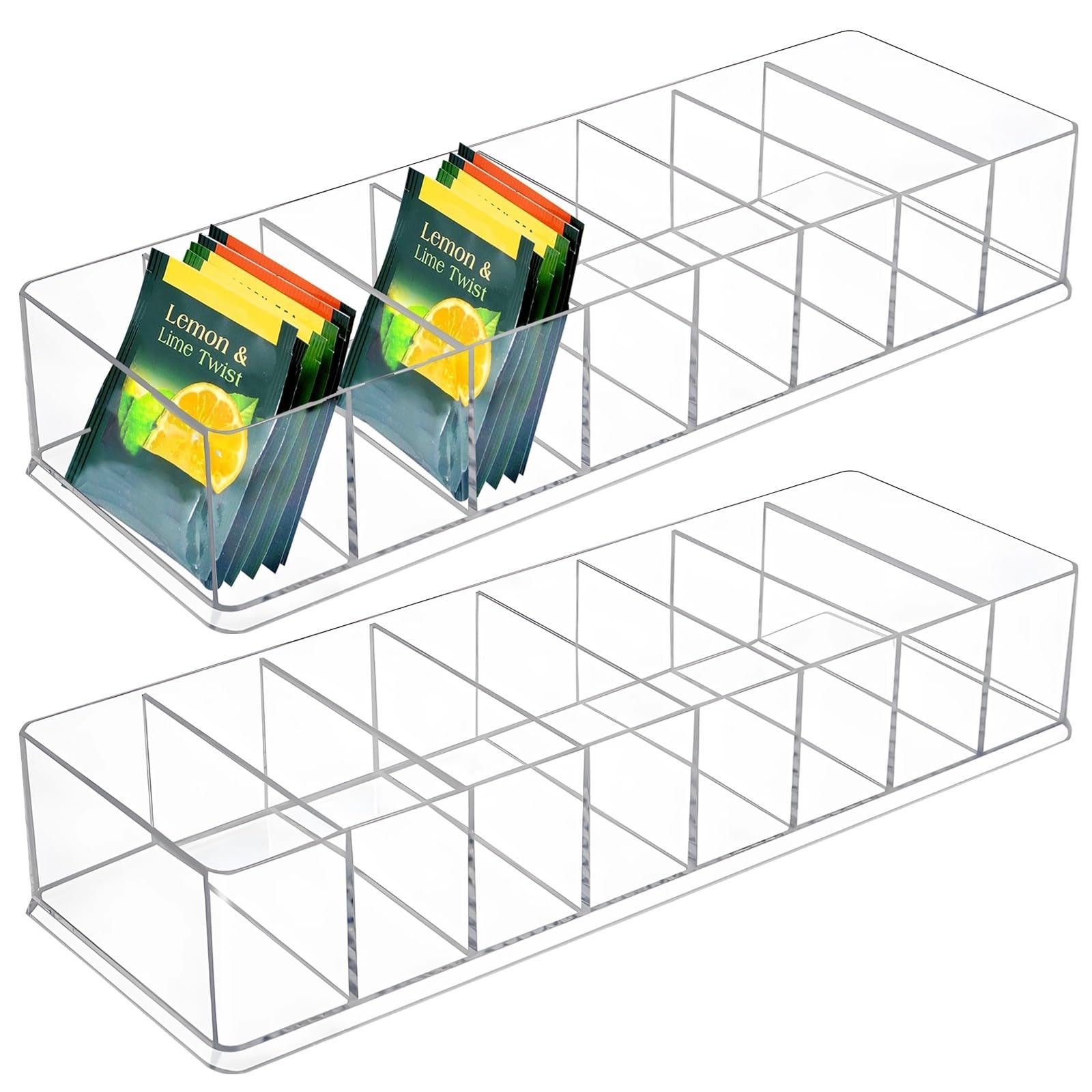 Clear 8-Slot Tea Bag Holders, 2-Pcs Tea Organizer, Clear Plastic Storage Bin