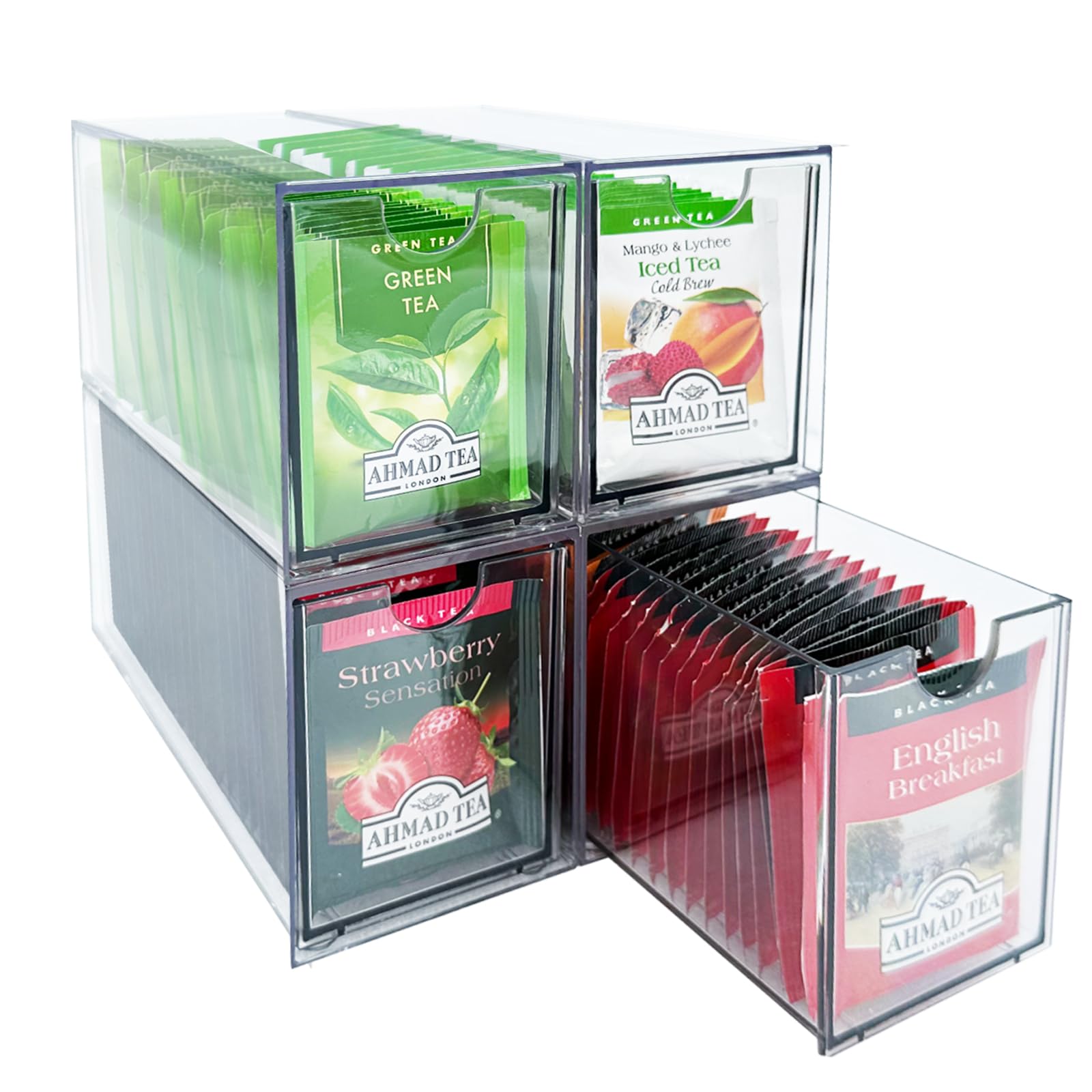 Tea Bag Drawer Organizer - Clear Plastic Holder for 4 Packs; Stackable & Portable; Spacious Storage for Tea Bags & Kitchen Essentials (Audience: Tea lovers and kitchen organizers)
