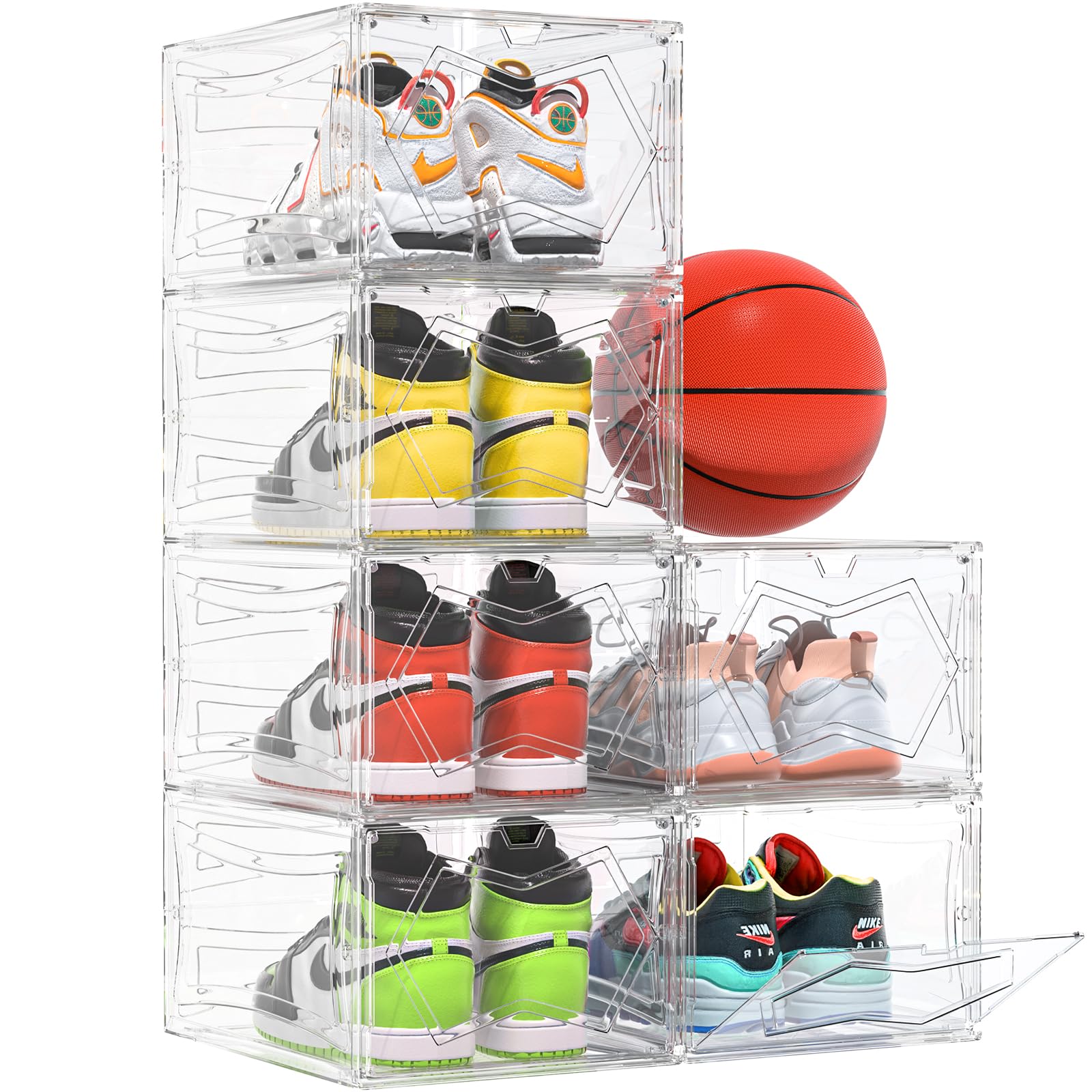 PRAKI Large Magnetic Shoe Storage Boxes, 6 Pack Clear, Stackable, Space Saving, 13.6 x 10.6 x 7.5 Inches