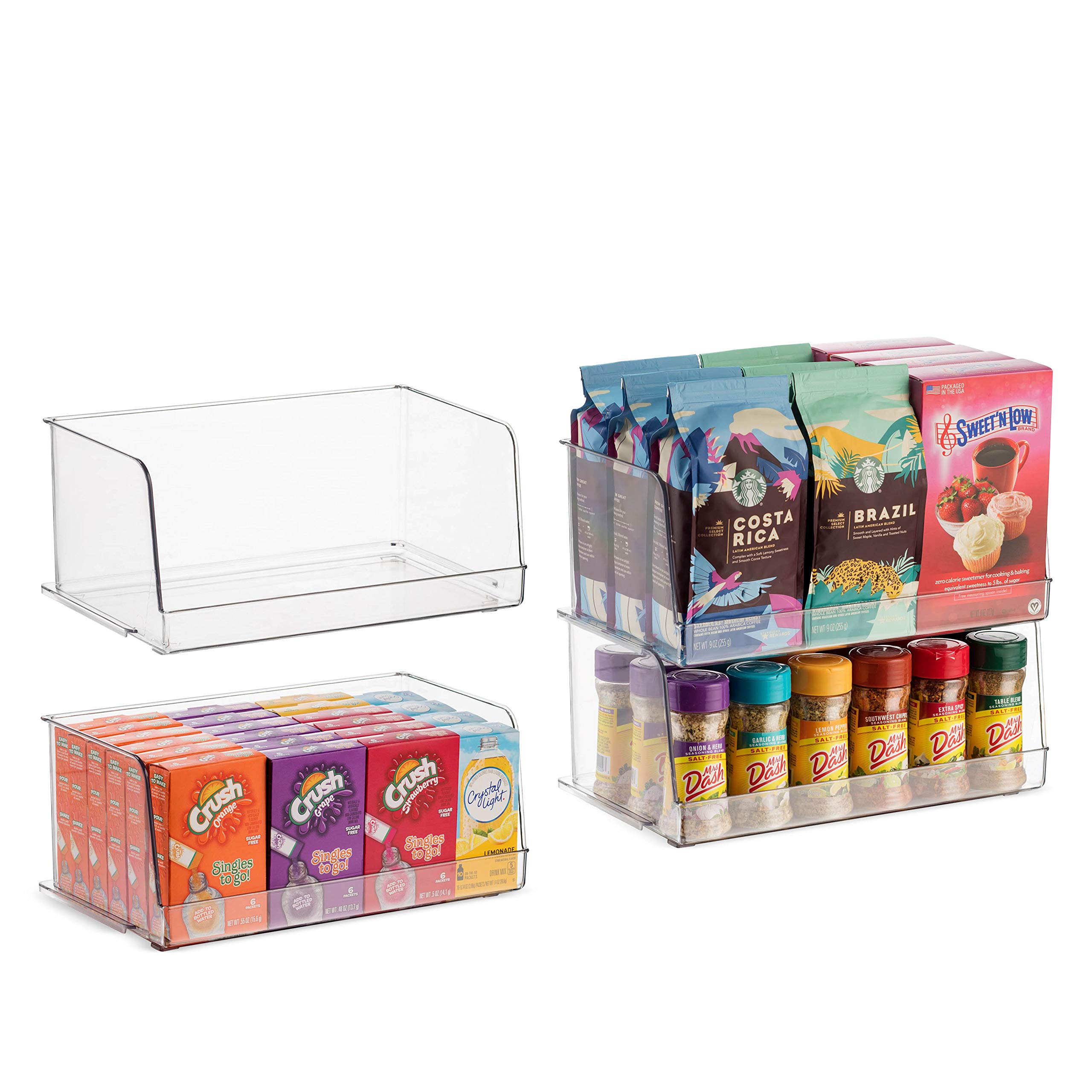 Clear 4-Bin Stackable Kitchen Pantry Organizer, 12" Wide, For Storage Cabinets, Countertops, Fridges, Freezers