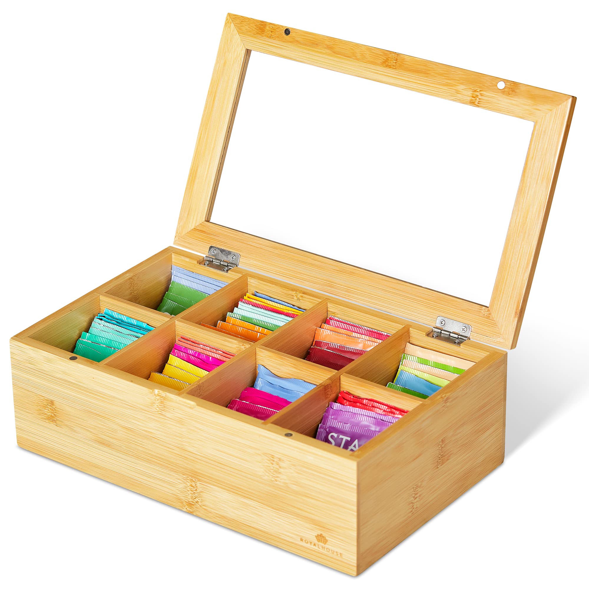 RoyalHouse Big Bamboo Tea Storage Organizer with Clear Window, 8 Compartments Eco-Friendly Holder