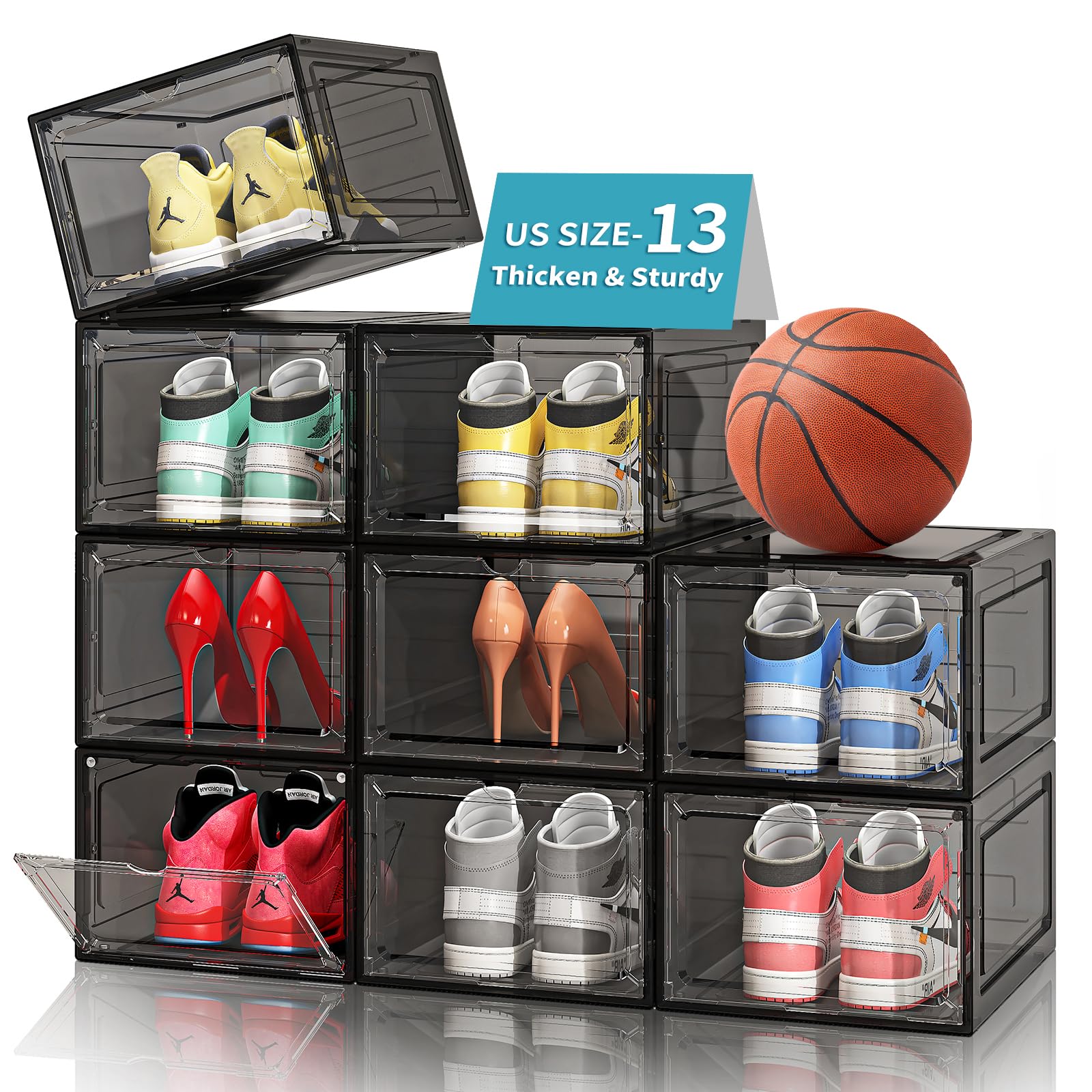Thick Sturdy 9-Pack Drop Front Shoe Organizer with Magnetic Door, Clear Rack for Sneaker Storage